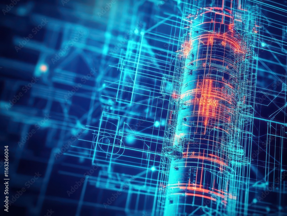 Poster architectural blueprint of a reactor tower, layered with industrial schematics, glowing lines, dynam