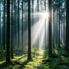 Fototapeta premium A serene forest scene with sunlight streaming through tall trees, illuminating the lush green undergrowth. The atmosphere is tranquil and inviting, perfect for nature lovers and photographers.