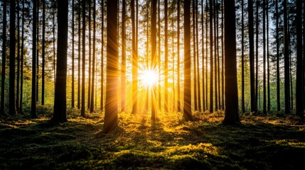 A serene forest scene illuminated by sunlight filtering through tall trees, creating a tranquil and enchanting atmosphere.