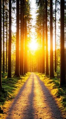 Obraz premium A serene forest path illuminated by sunlight, surrounded by tall trees, creating a peaceful and inviting atmosphere for nature lovers and walkers.