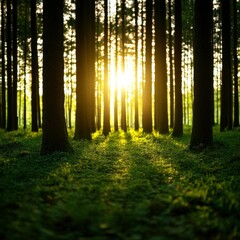 A serene forest scene with tall trees illuminated by sunlight, casting long shadows on the lush green ground, evoking a sense of tranquility and connection with nature.