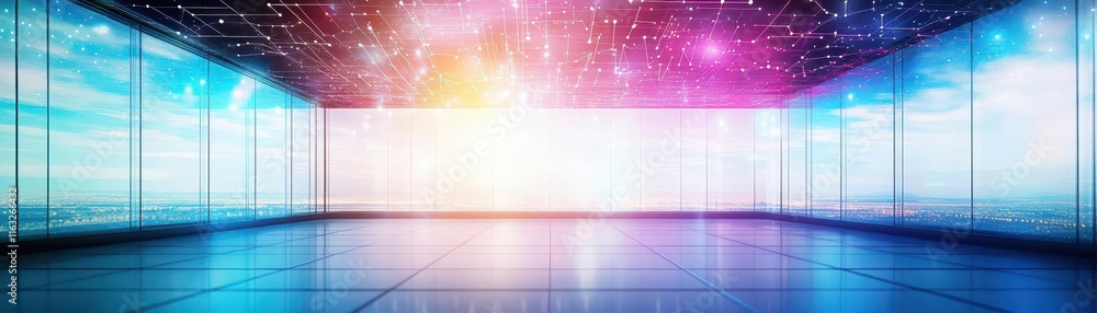 Aufkleber an advanced smart workspace with a glass ceiling displaying digital constellations, futuristic, soft