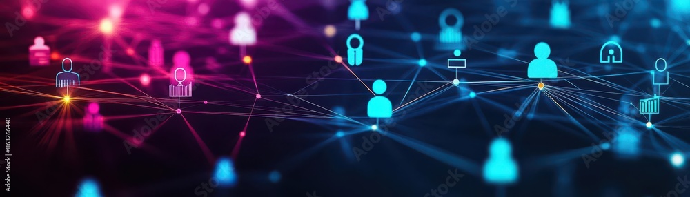Aufkleber An abstract representation of digital networking with colorful icons and connections symbolizing communication and technology.