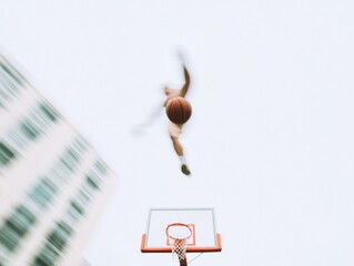 Dynamic Urban Basketball Leap with Surreal Motion Blur