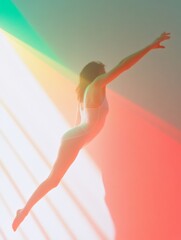 Obraz premium Dynamic Leap Aerial Dancer in Colorful Spotlight