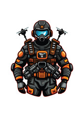 A futuristic soldier, heavily augmented with advanced technological gadgets, stands poised for action in a dimly lit, high-tech environment.