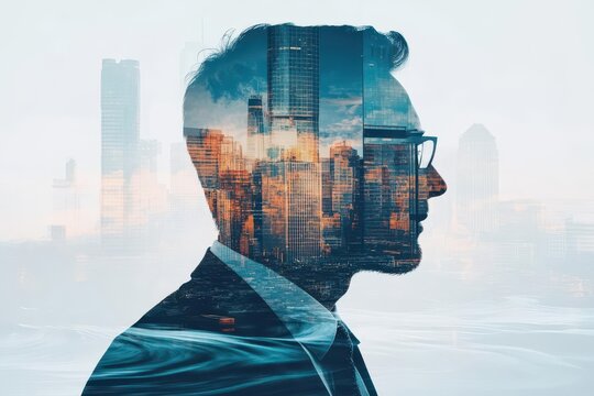 Adaptability in fastpaced managerial roles close up, focus on, copy space bold hues Double exposure silhouette with flowing water