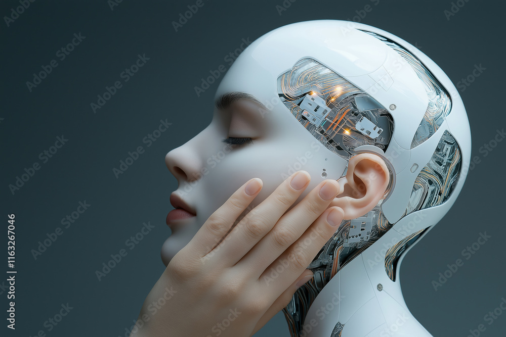 Aufkleber human-like robot head with intricate circuitry captured in soft lighting