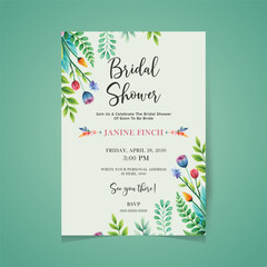 Shower Invitation Template, Printable Watercolor Greenery Bridal Shower Invite, Flat design bridal shower invitation