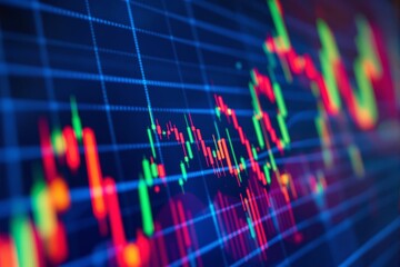 Dynamic candlestick chart with red and green bars on a blue grid background, illustrating market trends and forex trading concepts. Ai generative
