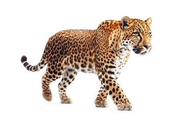 Fototapeta premium A striking leopard walking gracefully, showcasing its distinctive spotted coat against a plain white background.