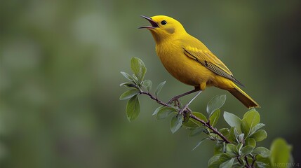 A bright yellow Prothonotary Warbler sings out loudly while perched on a small branch with fresh 