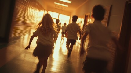Group of pupils hurrying down a hallway at school, energetic students in motion during break or transition period, blurred rear view of young learners in busy educational environment