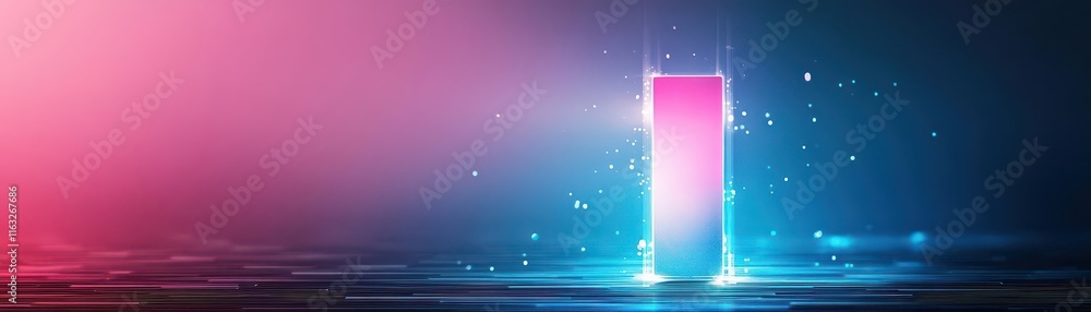Poster a vibrant digital design with neon colors and a glowing structure, creating a modern and futuristic 