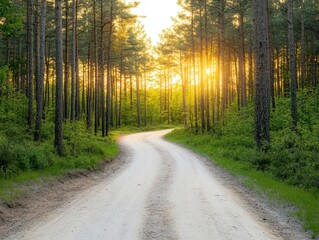 Obraz premium A winding dirt road through a lush forest, illuminated by the warm glow of the setting sun, inviting exploration and tranquility in nature.