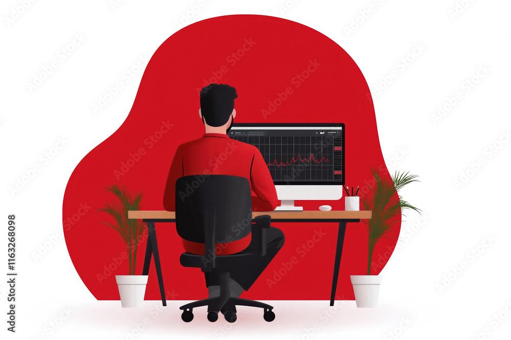 Poster professional sitting at desk analyzing financial data with modern computer setup