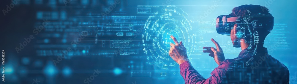 Poster a techsavvy entrepreneur in a sleek vr environment, controlling a digital interface with their hands
