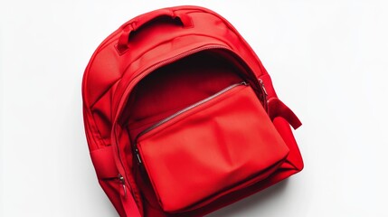 Fototapeta premium Open red backpack displayed on a clean white background, featuring spacious compartments and minimalist design, ideal for travel, school, or outdoor adventure gear visuals