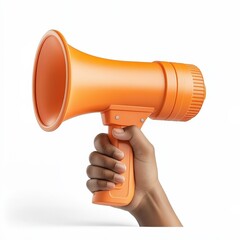 A hand holds a megaphone, symbolizing communication and amplification of voices. The design is simple and emphasizes the act of speaking out or rallying for a cause.