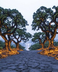 Fototapeta premium A serene landscape featuring two trees framing a pathway leading to a distant waterfall, with a mystical atmosphere created by vibrant colors and textures.