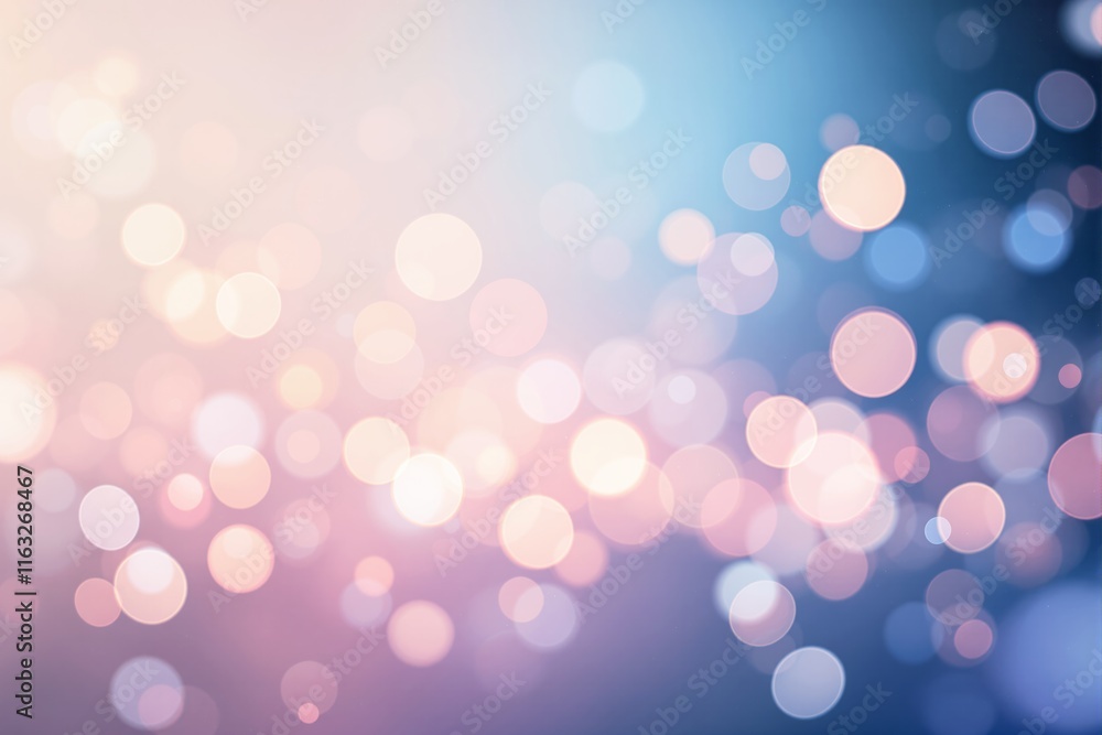 Poster abstract bokeh light circles of various sizes glowing in pastel shades on a gradient blue and pink b