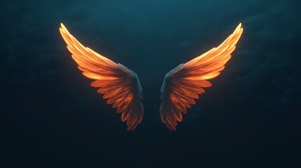 The image features a pair of ethereal, golden wings against a dark, cloudy background, evoking a sense of freedom and transcendence.