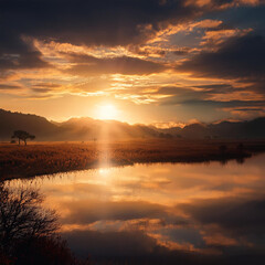 Fototapeta premium Generated isunrise, dawn, daybreak, sunup, aurora, horizon, light, morning, glow, sky, east, radiance, warmth, first light, early hours, horizon line, brightness, twilight, morning rays, golden homage