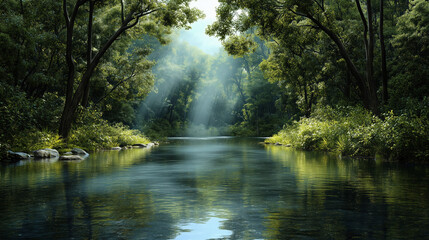 Lush green forest with serene river and soft sunlight filtering through trees