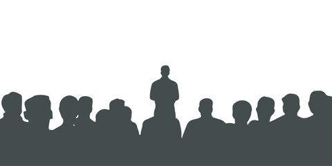 Silhouette of a person giving a speech and delivering a message to a crowd. Suitable for event elements, campaigns and religious