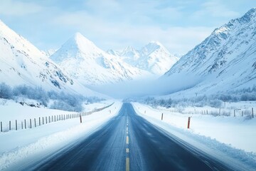 A snowy road in a mountain pass capturing serene winter landscapes close up, realistic, overlay, snowcovered peaks backdrop