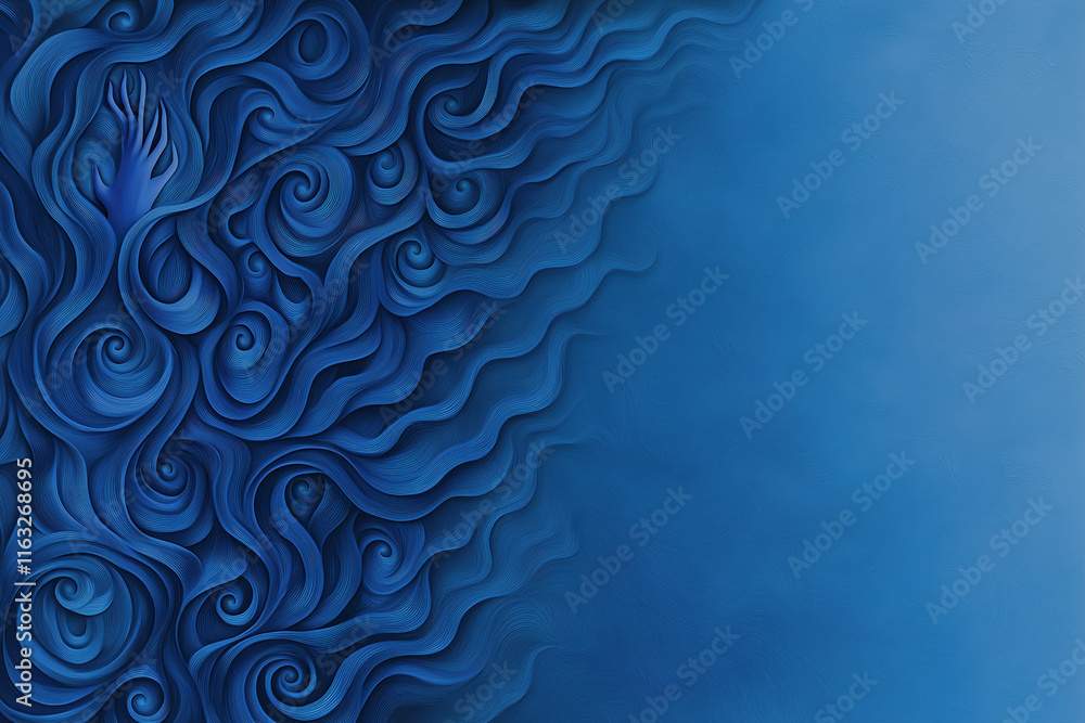 Poster swirling blue patterns create an oceanic wave effect with a tranquil atmosphere