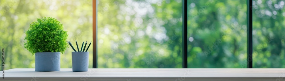 Poster a serene workspace featuring a lush plant and stylish pens on a clean desk by a bright window, creat