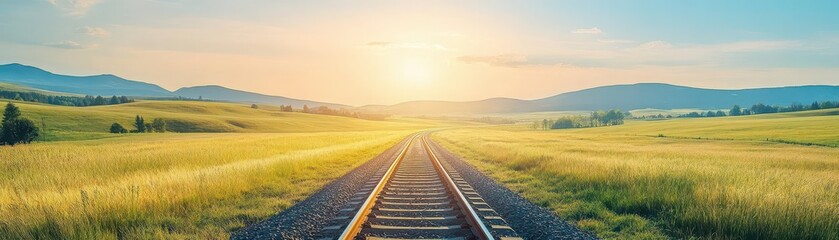 Fototapeta premium A scenic view of a tranquil railway stretching through a lush green landscape under a warm sunset.