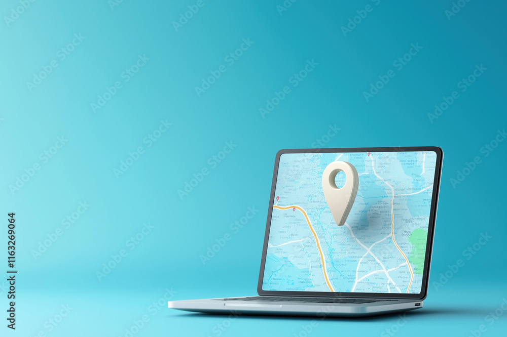 Poster exploring digital navigation tools with a laptop displaying a location map
