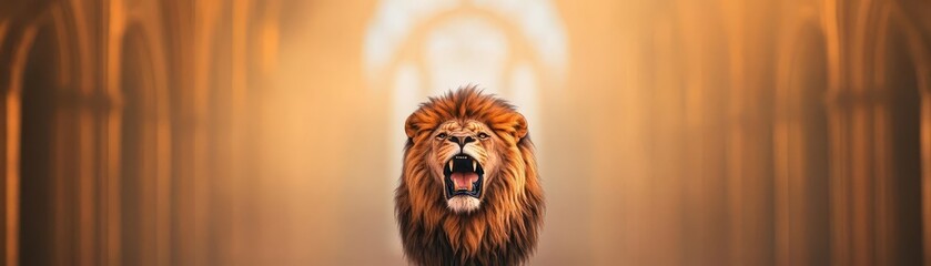 Fototapeta premium A roaring lion framed by gothic arches, medievalinspired tattoo design