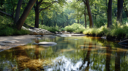 serene forest stream with clear water, surrounded by lush greenery and rocks
