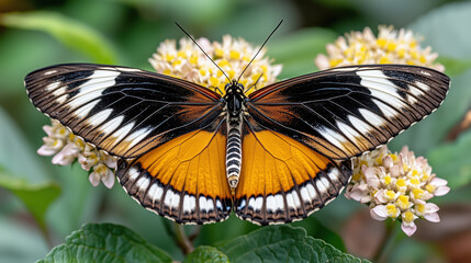 Fototapeta premium vibrant butterfly perched on flowers, showcasing its striking orange and black wings
