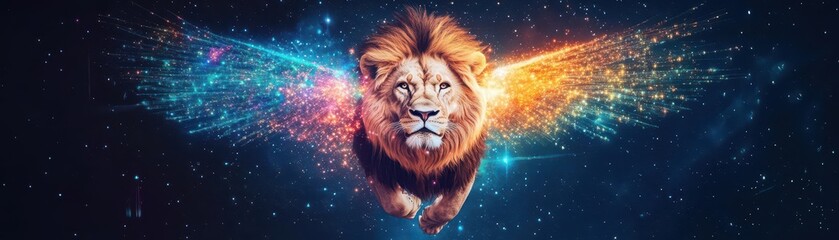 Naklejka premium A lion with wings of galaxies, flying through a starlit cosmos, glowing trails of light, majestic surrealism