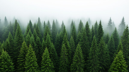 Lush green pine trees in misty forest landscape create serene atmosphere