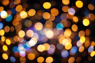 Abstract defocused lights in orange and blue tones, soft circular patterns, dark background, concept of celebration, joy, and festive ambiance. Ai generative