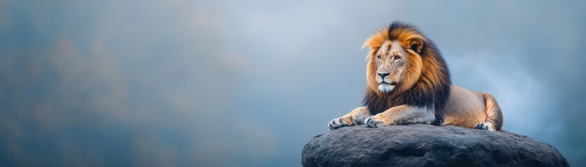 Fototapeta premium A lion resting on a rock surrounded by swirling fog, dramatic and serene composition