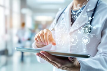 A doctor interacts with a digital tablet displaying glowing holographic medical icons, in a bright clinical environment. Concept of technology in healthcare. Ai generative