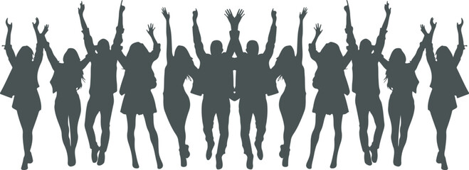 Silhouette of employees or workers cheering together and raising their hands, feeling happiness for work and business. suitable for career and employee background. and elements of freedom to work