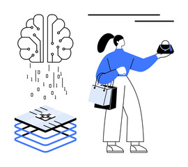 Woman holding purse and shopping bags integrates AI and data processing. Ideal for retail innovation, artificial intelligence, online shopping, consumer technology, future trends, fashion tech