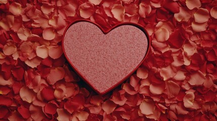 Obraz premium A heart-shaped object rests on a bed of rose petals, evoking feelings of love and romance. The warm tones create a serene and inviting atmosphere.