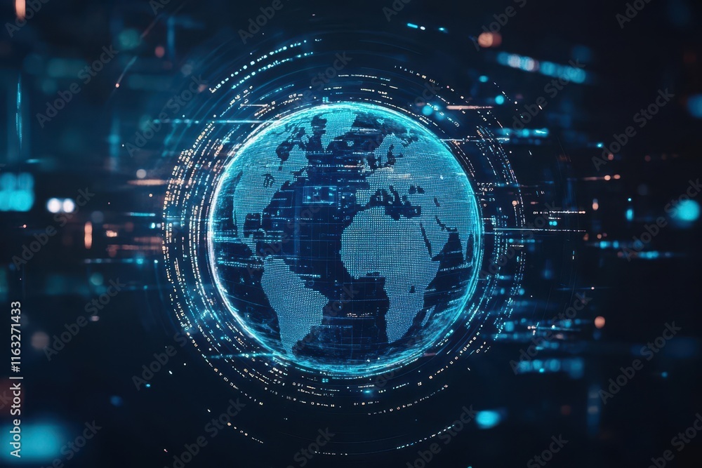 Poster A holographic globe surrounded by data streams, computational power, global connectivity