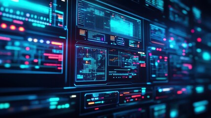 Obraz premium A hightech control room filled with glowing panels and holographic displays, cinematic framing, dark neon tones
