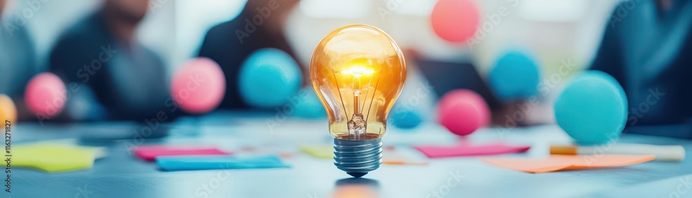 Poster A glowing light bulb surrounded by colorful balls and notes, symbolizing creativity and innovation in a brainstorming session.