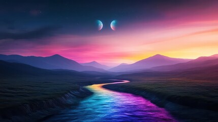 A dreamlike stream flowing through an alien landscape, its water glowing in iridescent colors under a sky with two moons