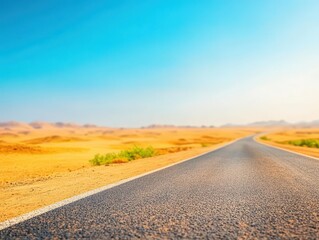 Naklejka premium A deserted desert highway under the scorching sun illustrating isolation focus on, realistic, manipulation, arid desert backdrop